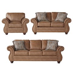 Leinster Faux Leather 3-Pc Sofa Set with Antique Bronze Nailheads