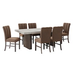 Sorlen 7-Piece Dining Set, 3D Faux Concrete Table with 6 Chocolate Fabric Chairs