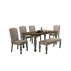 Breda Antique Gray and Dark Oak Finished Wood Dining Set, Table, Bench, Chairs