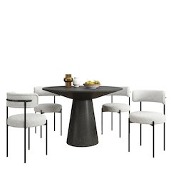 Corff 5-PC Round Pedestal Dining Set, with 4 Boucle Chairs, Black White