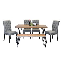 Ashford 6-Pc Dining Set, Hairpin Dining Table with 4 Chairs and Bench, Gray