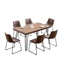 Aryven 7-Pc Dining Set with Rustic Dark Pine Table and 6 Chairs in Antique Brown