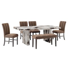 Cavira 6-PC Faux Marble Dining Set, Double Pedestal Table with 4 Chairs, Bench