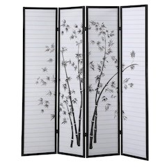 Black 4-Panel Wood Folding Room Divider, Bamboo Print Rice Paper, 71 Inch