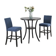 Biony 3-Pc 36" Round Espresso Finish Bar Table with 2 Blue Pub Chairs