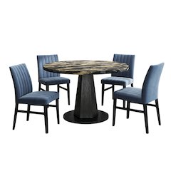 5-Piece Dining Set, Black and Gold Faux Marble Dining Table Four Chairs, Blue