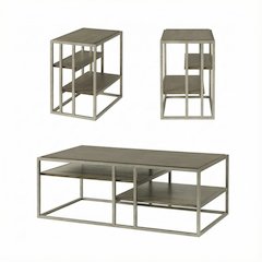 Metal Frame Coffee Table Set with 2 Wood Chairside Tables for Living Room