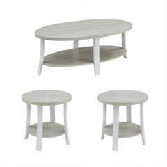 White Oval Wood 3-Piece Coffee Table Set with Contemporary Shelf Design