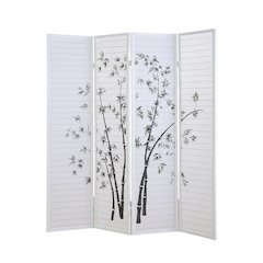 White 4-Panel Wood Folding Room Divider, Bamboo Print Rice Paper, 71 Inch