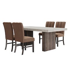 Sorlen 5-Piece Dining Set, 3D Faux Concrete Table with 4 Chocolate Fabric Chairs