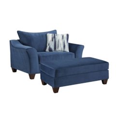 Camero Fabric Pillowback Chair with Ottoman Set in Navy Blue