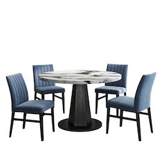5-Piece Dining Set, Off-White Faux Marble Dining Table with Four Chairs, Blue
