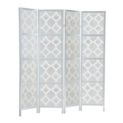 Silver 4-Panel Wood Folding Room Divider, Fabric Diamond Design, 70 Inch