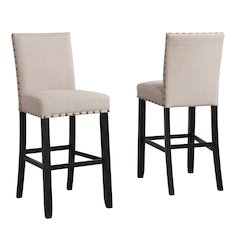 Biony Tan Fabric Bar Stools with Nailhead Trim, Set of 2
