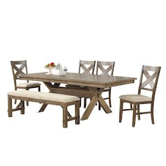 Raven Wood 6-PC Dining Set, Extendable Table, 4 Chairs, Bench, Glazed Pine Brown
