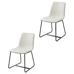 Vintage Faux Leather Upholstered Dining Chairs with Wood Legs, White, Set of 2