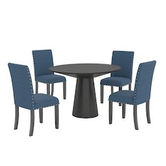 Nuevo 5-Piece Round Dining Set, Pedestal Dining Table with 4 Chairs, Blue
