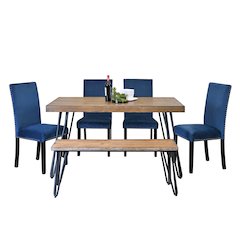 Ashzo 6-Pc Dining Set, Hairpin Dining Table with 4 Chairs and Bench, Blue