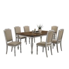 7-Piece Dining Set, Table with 6 Upholstered Chairs, Rustic White and Oak