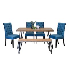 Ashford 6-Pc Dining Set, Hairpin Dining Table with 4 Chairs and Bench, Blue