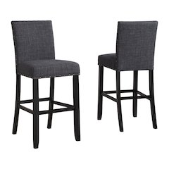Biony Gray Fabric Bar Stools with Nailhead Trim, Set of 2