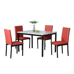 Citico 5-Pc Dinette Set with Faux Marble Top, White Table with Red Chairs