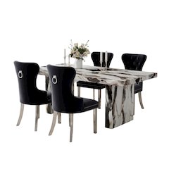 Cavira 5-Piece Dining Set, Faux Marble Dining Table with Four Chairs, Black