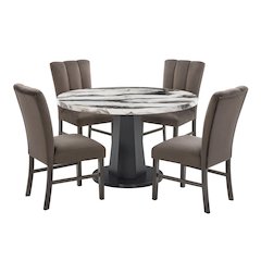 Cavira 5-PC Dining Set, Off-White Faux Marble Table with Four Brown Chairs