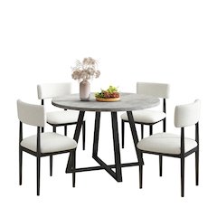 Edo 5-Piece Dining Set, Round Trestle Table and 4 Chairs, Gray and Black