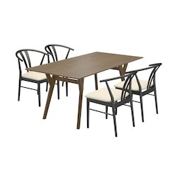 5-Piece Dining Set, Walnut Finished Dining Table with 4 Black Wishbone Chairs