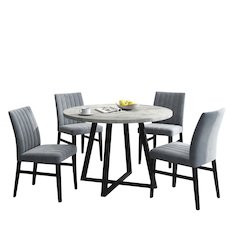 Edo 5-Piece Dining Set, Round Trestle Table and 4 Upholstered Chairs, Gray