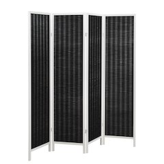 Inkwell 4-Panel Bamboo Room Divider, Folding Screen, Black with White Frame