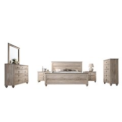 White Wash Finish Bedroom Set, King Bed, Dresser, Mirror, 2 Nightstands, Chest
