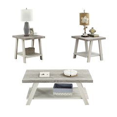 Athens Contemporary 3Pc Wood Shelf Coffee Table Set in Weathered Gray/Beige