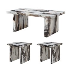 Cavira 3-Piece Faux Marble Coffee Table Set, Table and Two End Tables, Off-white