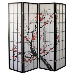 Julie Black Japanese 4-Panel Screen Room Divider, Plum Blossom