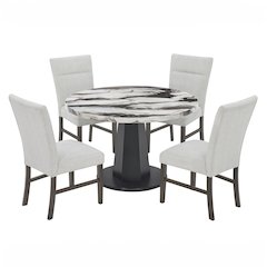 Cavira 5-PC Dining Set, Off-White Faux Marble Table with Four Gray Chairs