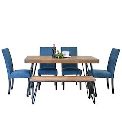 Amisos 6-Pc Dining Set, Hairpin Dining Table with 4 Chairs and Wood Bench, Blue