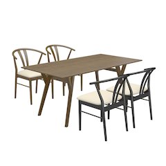 5-Piece Dining Set, Dining Table with 2 Walnut and 2 Black Wishbone Chairs