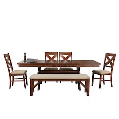 6-Piece Dining Set, Extendable Trestle Dining Table, 4 Chairs, Bench