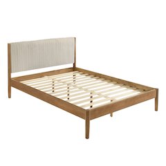 Vichy Queen Platform Bed with Corduroy Upholstery,Light Walnut Rubberwood Frame
