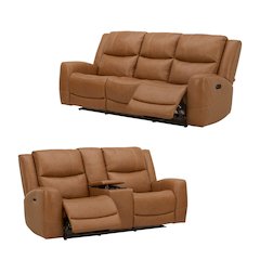 Cozura Leather Power Recling Sofa and Loveseat, Silverado Butternut
