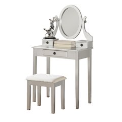 Moniys Wood Makeup Vanity Table and Stool Set, Silver