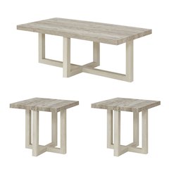 3-Piece Coffee Table Set, Coffee Table, Two End Tables, Weathered Gray and Beige