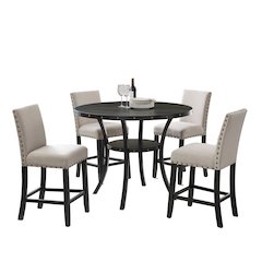 Biony Espresso Wood Counter Height Dining Set with Tan Fabric Nailhead Stools
