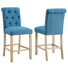 Siena Counter Height Button Tufted Back Solid Wood Stools, Set of 2, Blue