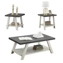 Athens Contemporary 3Pc Wood Shelf Coffee Table Set in Weathered Charcoal/Beige