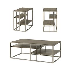 Padena 3Pc Metal Frame Wood Living Room Coffee Table and 2 Chairside Tables Set