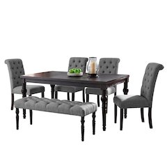 Leviton Urban Style Dark Wash Wood Dining Set: Table, 4 Chairs and Bench, Gray