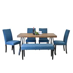Amisos 6-Pc Dining Set, Hairpin Dining Table with 4 Chairs and Bench, Blue